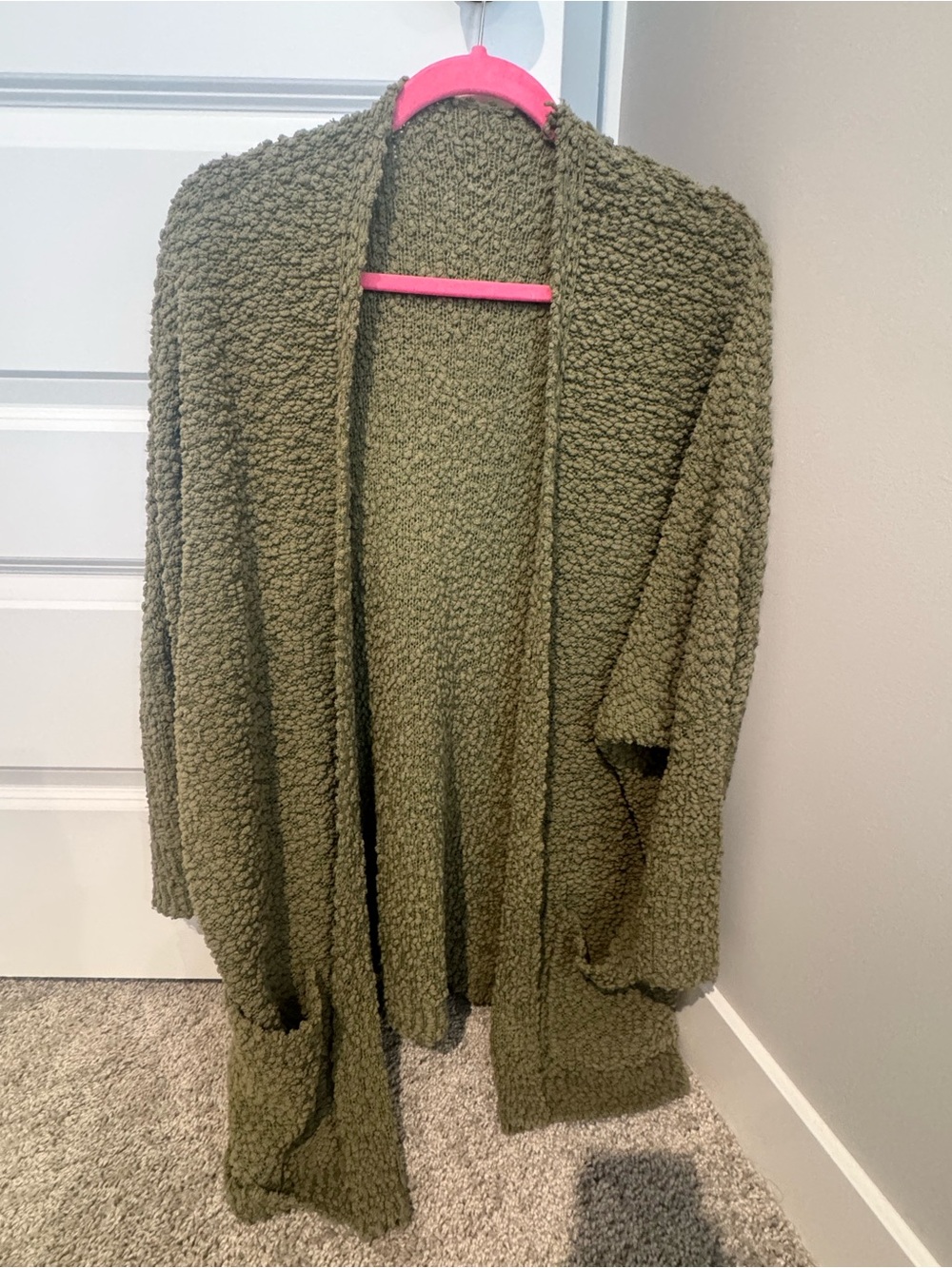Amazon Olive Green Open-Front Popcorn Knit Cardigan